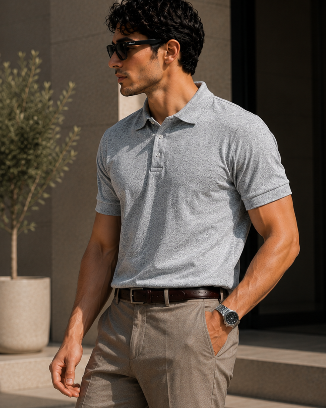 Regular fit grey melange unisex polo T-shirt made from 100% cotton 220 GSM textured fabric with a breathable, premium finish for everyday casual wear from white bear brand.