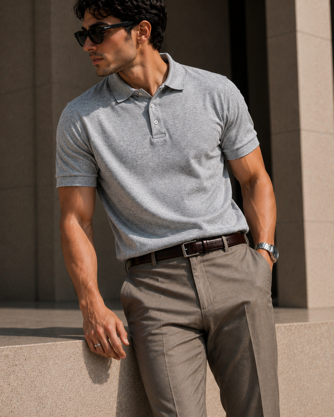 Regular fit grey melange unisex polo T-shirt made from 100% cotton 220 GSM textured fabric with a breathable, premium finish for everyday casual wear from white bear brand.