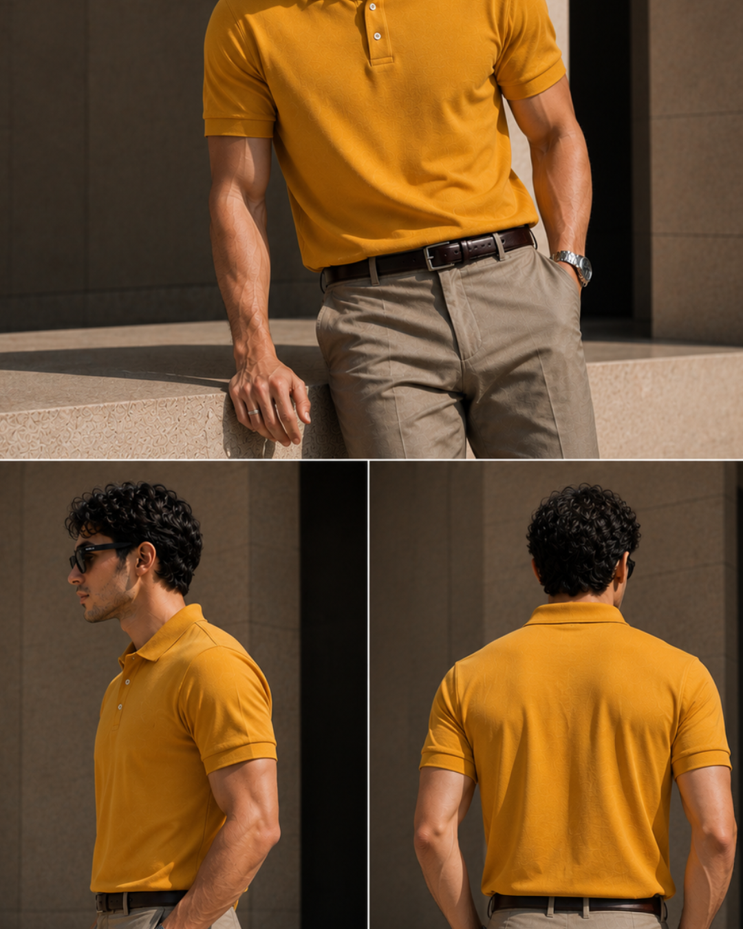 Regular fit mustard yellow unisex polo T-shirt made from 100% cotton 220 GSM textured fabric with a breathable, premium finish for everyday casual wear from white bear brand.