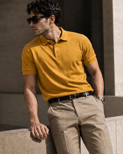 Regular fit mustard yellow unisex polo T-shirt made from 100% cotton 220 GSM textured fabric with a breathable, premium finish for everyday casual wear from white bear brand.