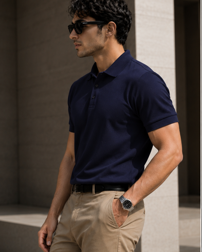 Regular fit navy blue unisex polo T-shirt made from 100% cotton 220 GSM textured fabric with a breathable, premium finish for everyday casual wear from white bear brand.