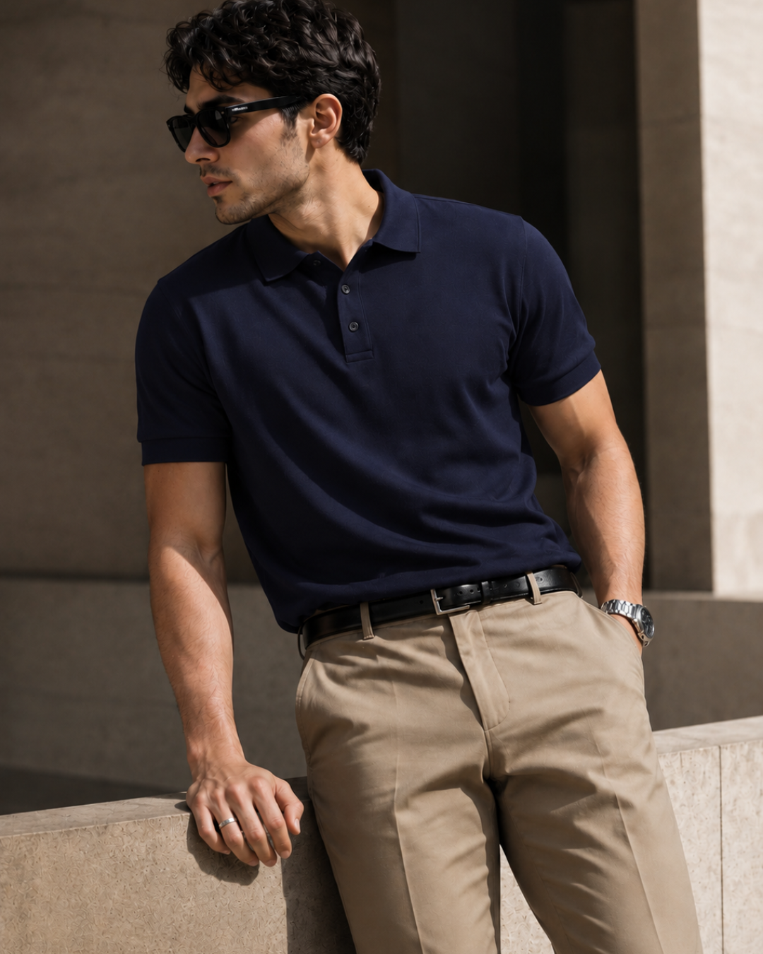 Regular fit navy blue unisex polo T-shirt made from 100% cotton 220 GSM textured fabric with a breathable, premium finish for everyday casual wear from white bear brand.