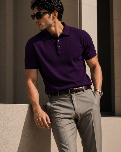 Regular fit purple unisex polo T-shirt made from 100% cotton 220 GSM textured fabric with a breathable, premium finish for everyday casual wear from white bear brand.