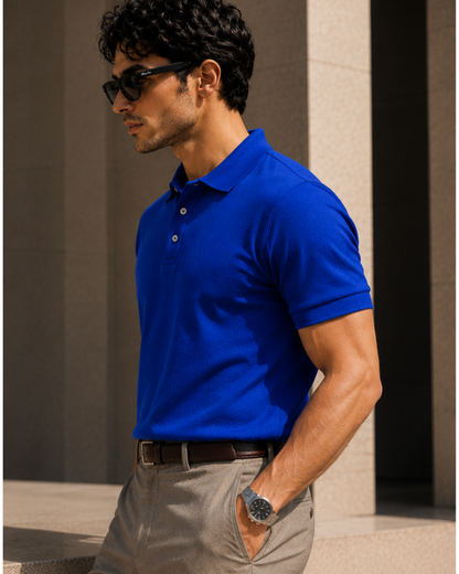 Regular fit royal blue unisex polo T-shirt made from 100% cotton 220 GSM textured fabric with a breathable, premium finish for everyday casual wear from white bear brand.