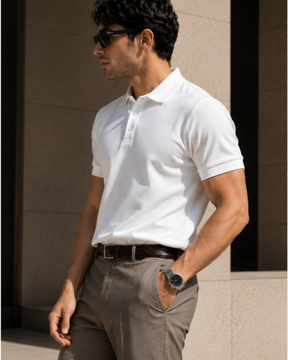 Regular fit white unisex polo T-shirt made from 100% cotton 220 GSM textured fabric with a breathable, premium finish for everyday casual wear from white bear brand.