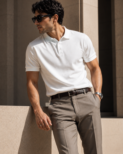 Regular fit white unisex polo T-shirt made from 100% cotton 220 GSM textured fabric with a breathable, premium finish for everyday casual wear from white bear brand.