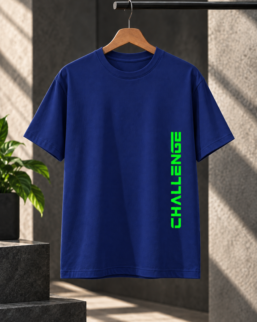 Royal Blue unisex classic crew regular fit T-shirt with neon green Challenge graphic by White Bear