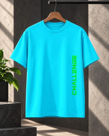 Sky Blue unisex classic crew regular fit T-shirt with neon green Challenge graphic by White Bear