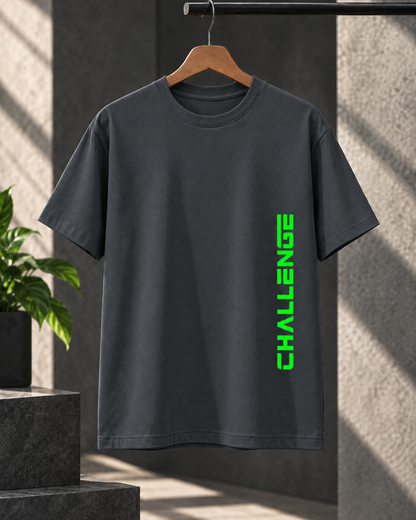 Steel Grey unisex classic crew regular fit T-shirt with neon green Challenge graphic by White Bear
