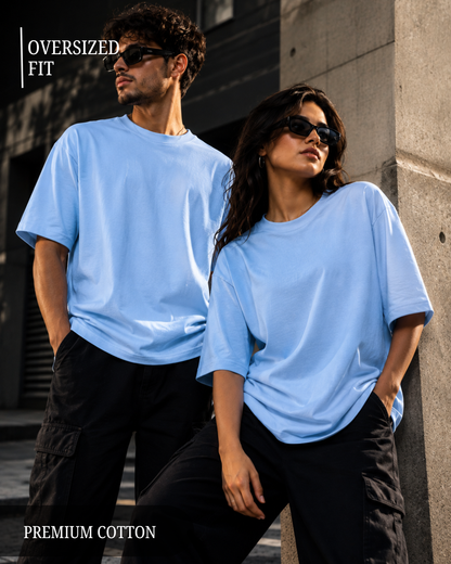 Premium unisex oversized baby blue T-shirt made from heavyweight 240 GSM 100% breathable cotton with a relaxed streetwear fit from white bear brand