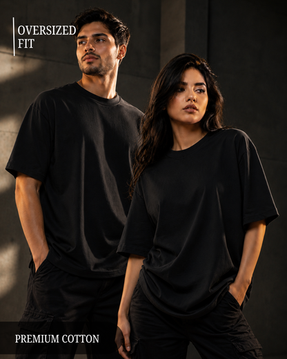 Premium unisex oversized black T-shirt made from heavyweight 240 GSM 100% breathable cotton with a relaxed streetwear fit from white bear brand