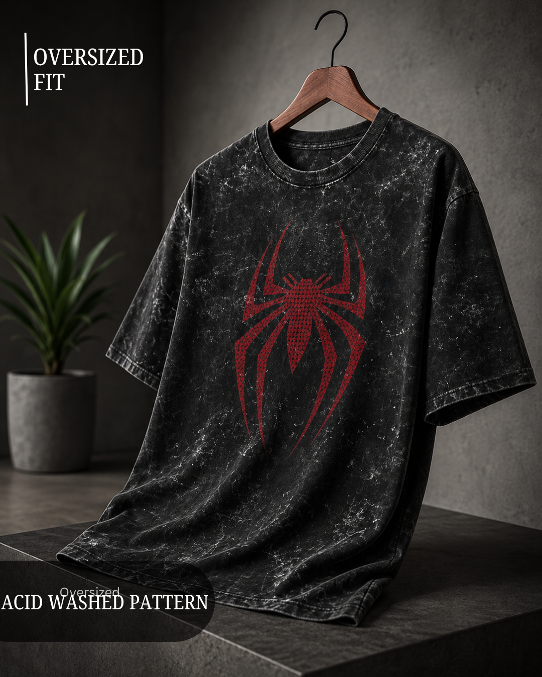Unisex oversized black acid washed T-shirt with vintage distressed finish and relaxed streetwear fit from white bear brand
