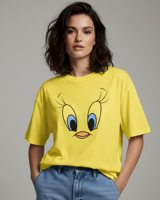 Yellow crew neck cartoon graphic t-shirt for women and women with cute face print, casual streetwear fashion