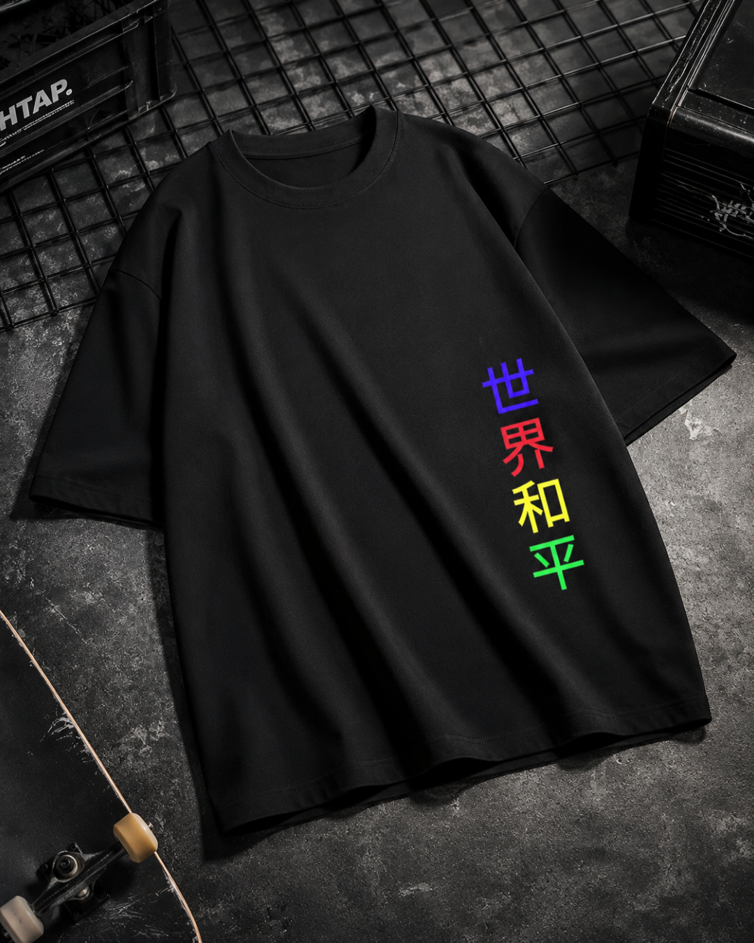 White Bear black oversized unisex T-shirt made from 100% cotton with premium 240 GSM heavyweight breathable fabric featuring a colorful Japanese graphic print for modern streetwear fashion.