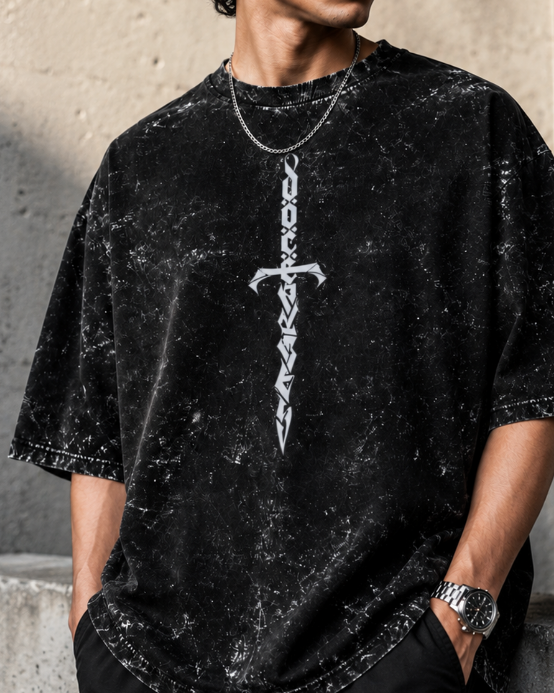 unisex black acid wash oversized T-shirt made from 100% cotton with 240 GSM heavyweight breathable fabric, featuring a premium vintage washed finish and relaxed streetwear fit from white bear brandtle gree