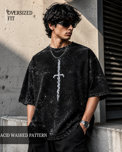unisex black acid wash oversized T-shirt made from 100% cotton with 240 GSM heavyweight breathable fabric, featuring a premium vintage washed finish and relaxed streetwear fit from white bear brandtle gree