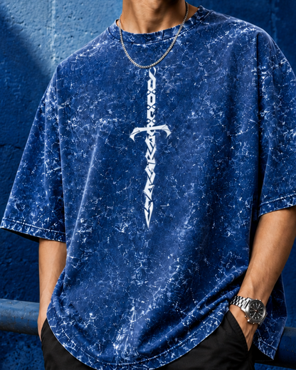 unisex navy blue acid wash oversized T-shirt made from 100% cotton with 240 GSM heavyweight breathable fabric, featuring a premium vintage washed finish and relaxed streetwear fit from white bear brand