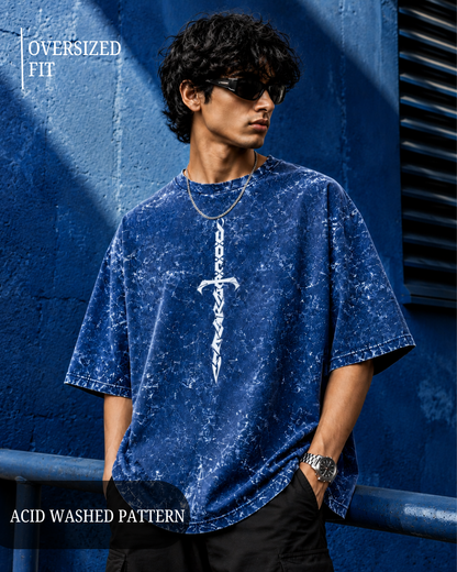 unisex navy blue acid wash oversized T-shirt made from 100% cotton with 240 GSM heavyweight breathable fabric, featuring a premium vintage washed finish and relaxed streetwear fit from white bear brand