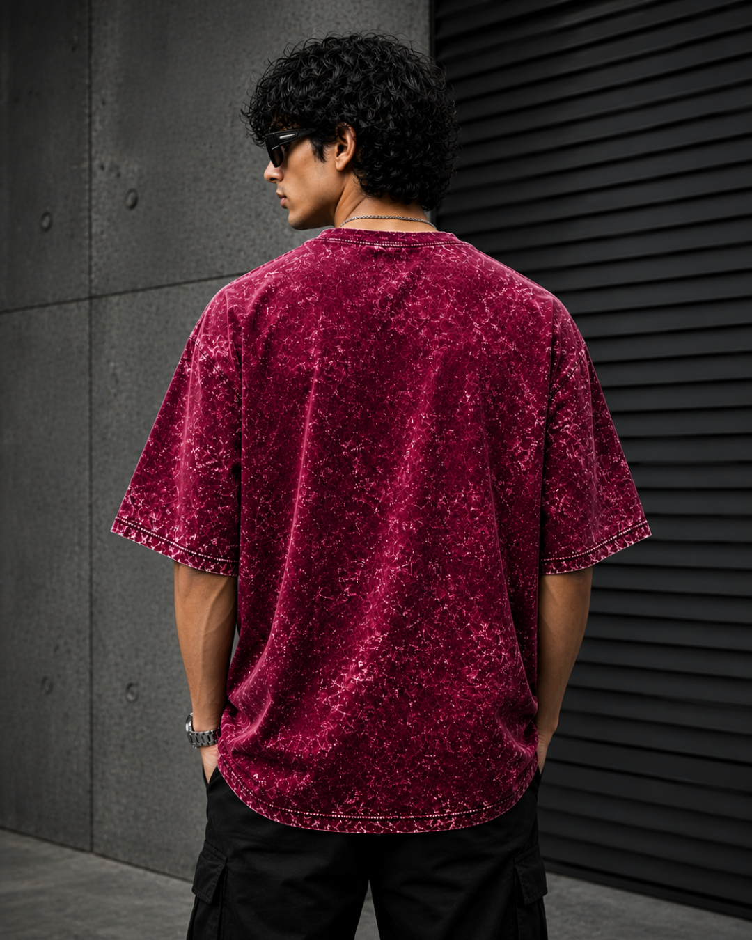 unisex maroon acid wash oversized T-shirt made from 100% cotton with 240 GSM heavyweight breathable fabric, featuring a premium vintage washed finish and relaxed streetwear fit from white bear brandtle gree