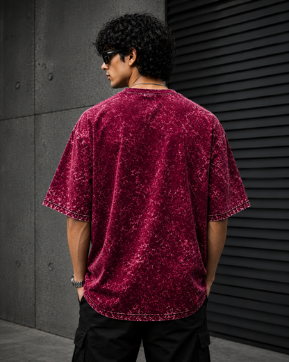 unisex maroon acid wash oversized T-shirt made from 100% cotton with 240 GSM heavyweight breathable fabric, featuring a premium vintage washed finish and relaxed streetwear fit from white bear brandtle gree