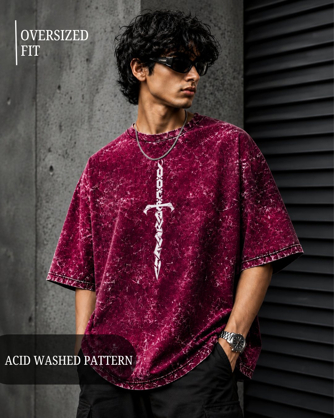 unisex maroon acid wash oversized T-shirt made from 100% cotton with 240 GSM heavyweight breathable fabric, featuring a premium vintage washed finish and relaxed streetwear fit from white bear brandtle gree