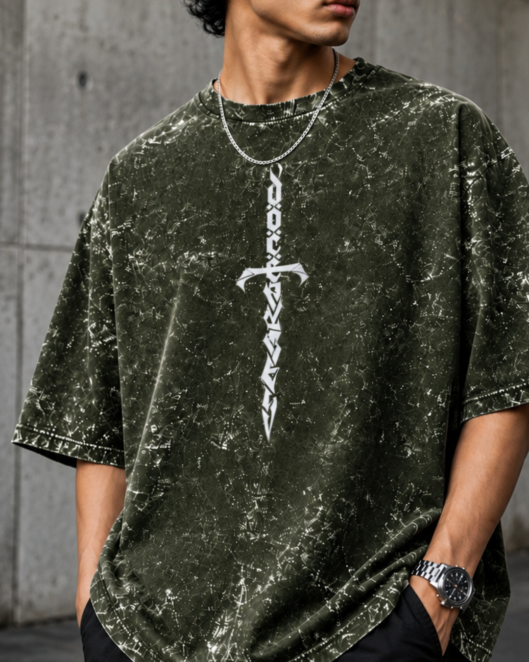 unisex olive green acid wash oversized T-shirt made from 100% cotton with 240 GSM heavyweight breathable fabric, featuring a premium vintage washed finish and relaxed streetwear fit from white bear brandtle gree