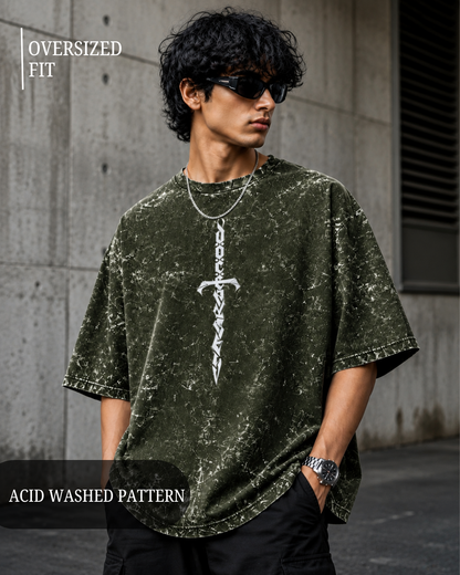 unisex olive green acid wash oversized T-shirt made from 100% cotton with 240 GSM heavyweight breathable fabric, featuring a premium vintage washed finish and relaxed streetwear fit from white bear brandtle gree
