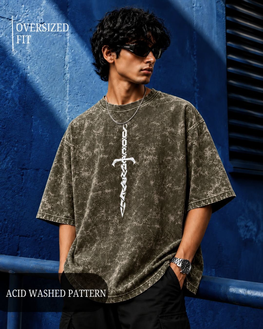 unisex olive green acid wash oversized T-shirt made from 100% cotton with 240 GSM heavyweight breathable fabric, featuring a premium vintage washed finish and relaxed streetwear fit from white bear brand