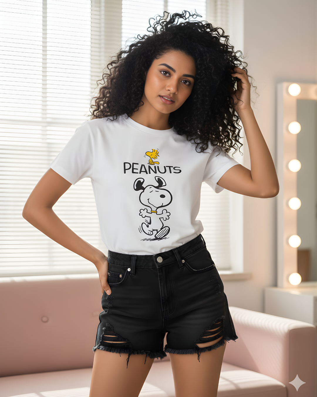 Woman wearing a peach #FFDEC6 Peanuts Snoopy graphic T-shirt paired with white distressed denim shorts in a bright indoor setting.