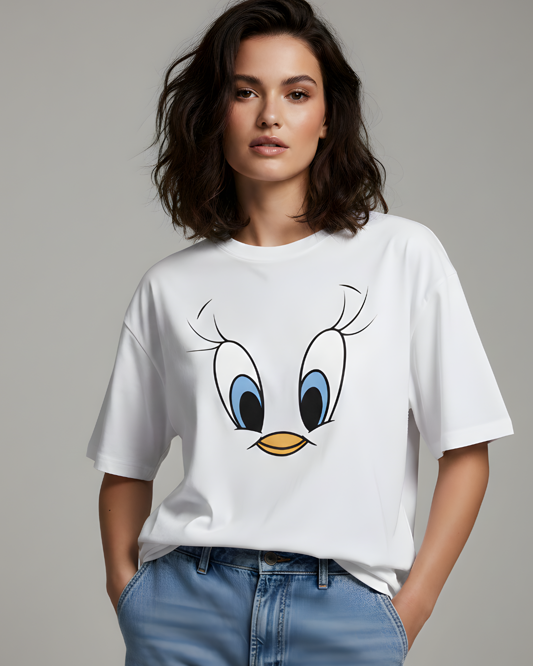 Woman wearing a white t-shirt with a cartoon character design on a gray background