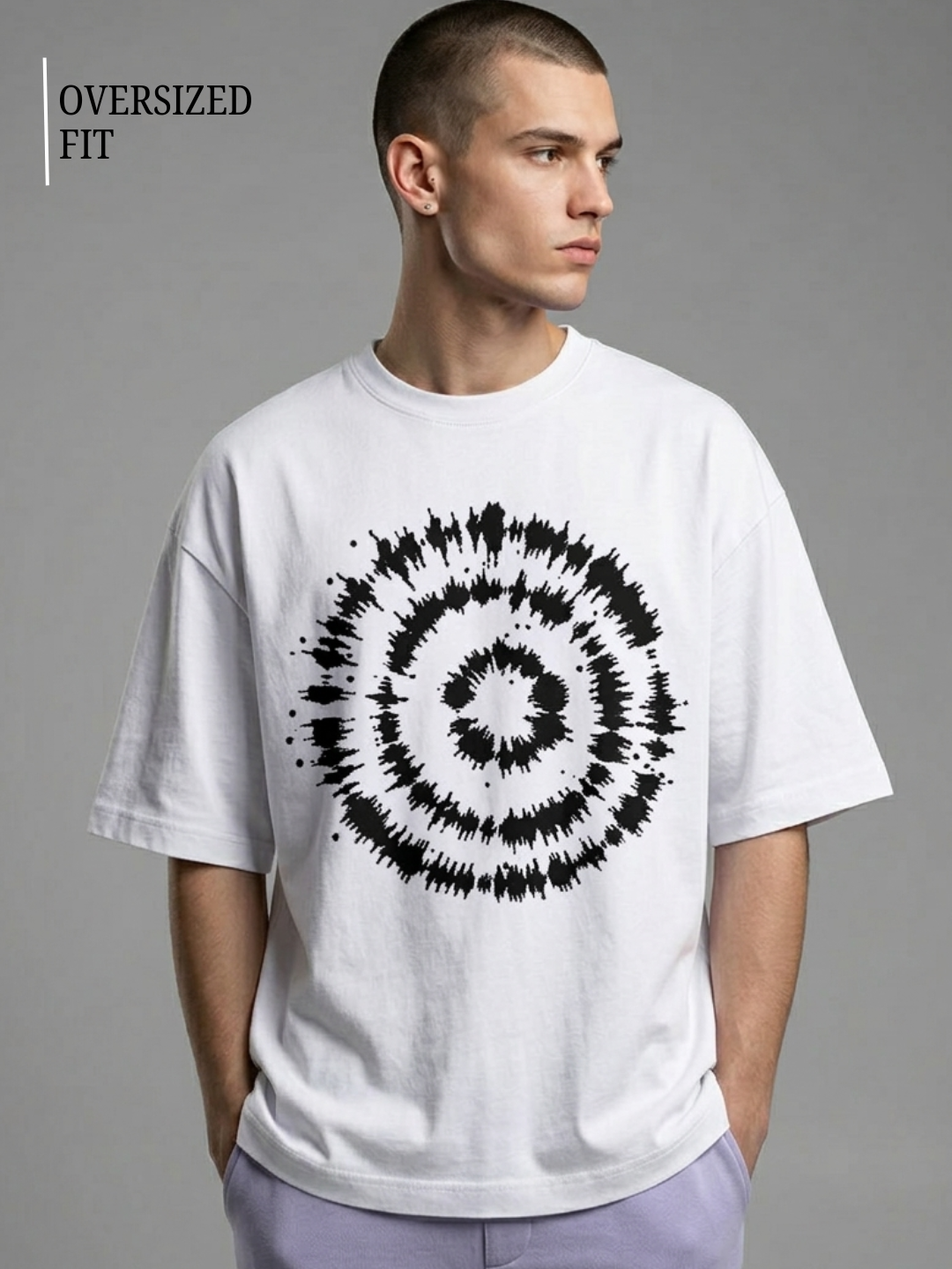 Man wearing a white t-shirt with a black spiral design on a gray background